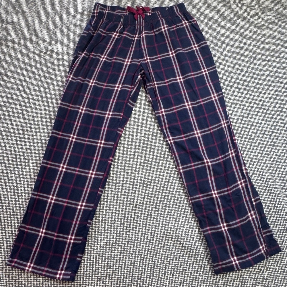 Womens Navy Burgundy Plaid Pajama Pants Small Straight Leg S